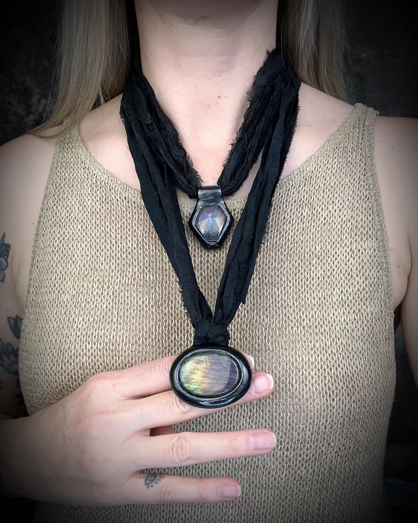 Rainbow labradorite pendant necklace in black frame on recycled silk, statement crystal talisman jewelry for intuition, handmade in Baltimore Maryland