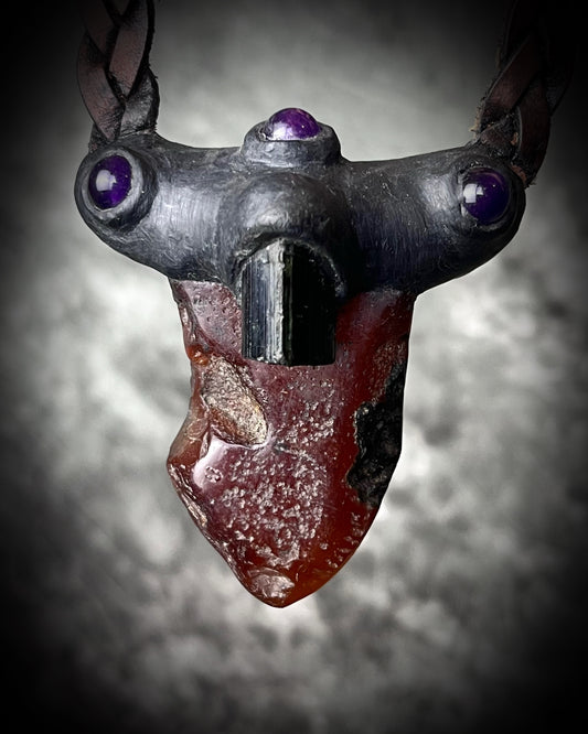 Raw Carnelian pendant with Black Tourmaline and Amethyst on brown braided leather with handmade metal hook clasp. Rugged Holiday gift for her or him.