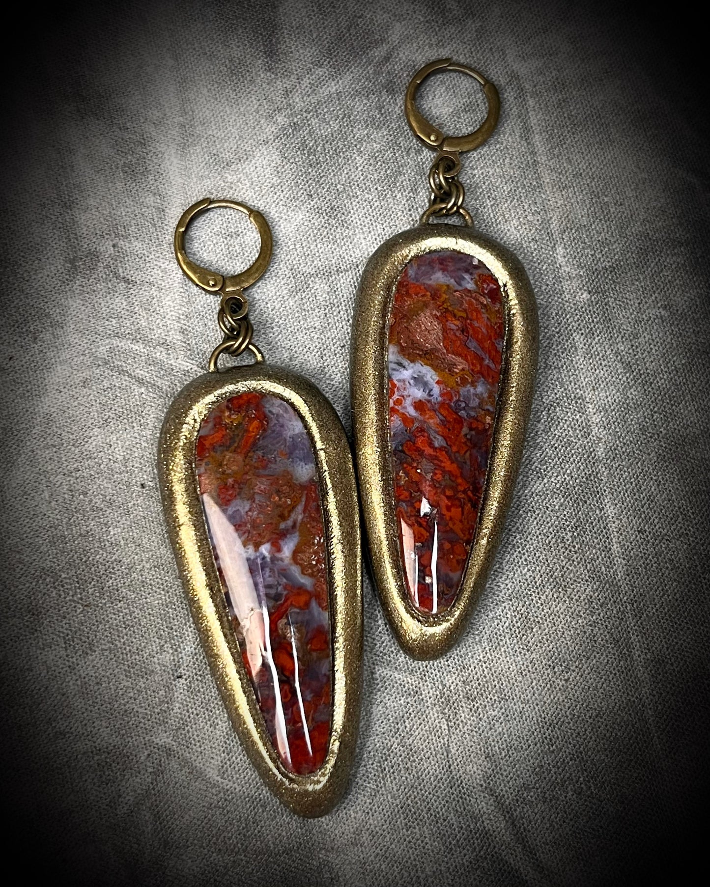 Red moss agate earrings in gold setting with brass earring huggie hooks. Regal and empowering gift jewelry for her. 