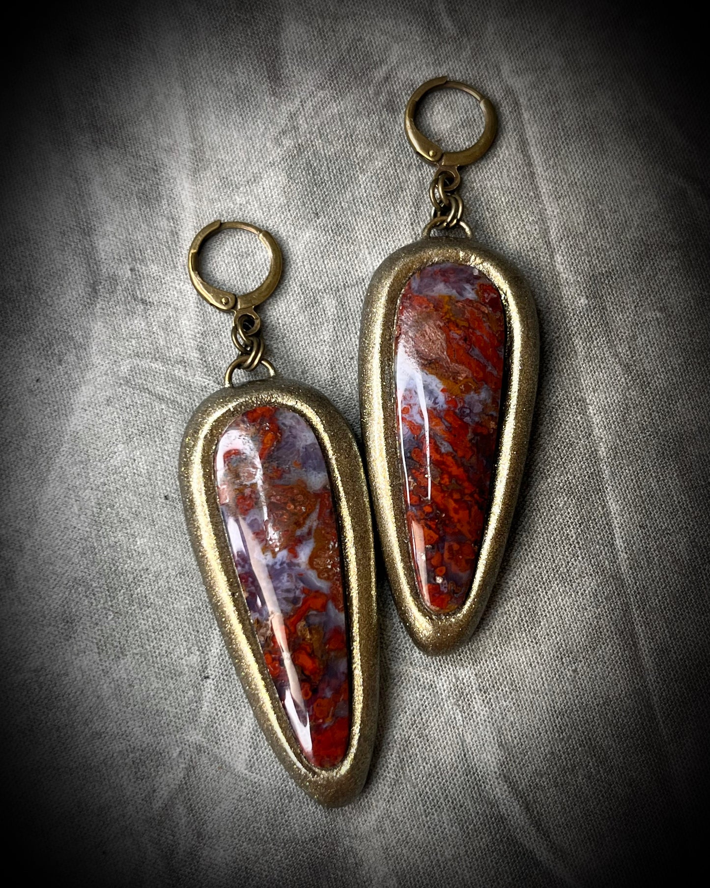 Red moss agate earrings in gold setting with brass earring huggie hooks. Regal and empowering gift jewelry for her. 