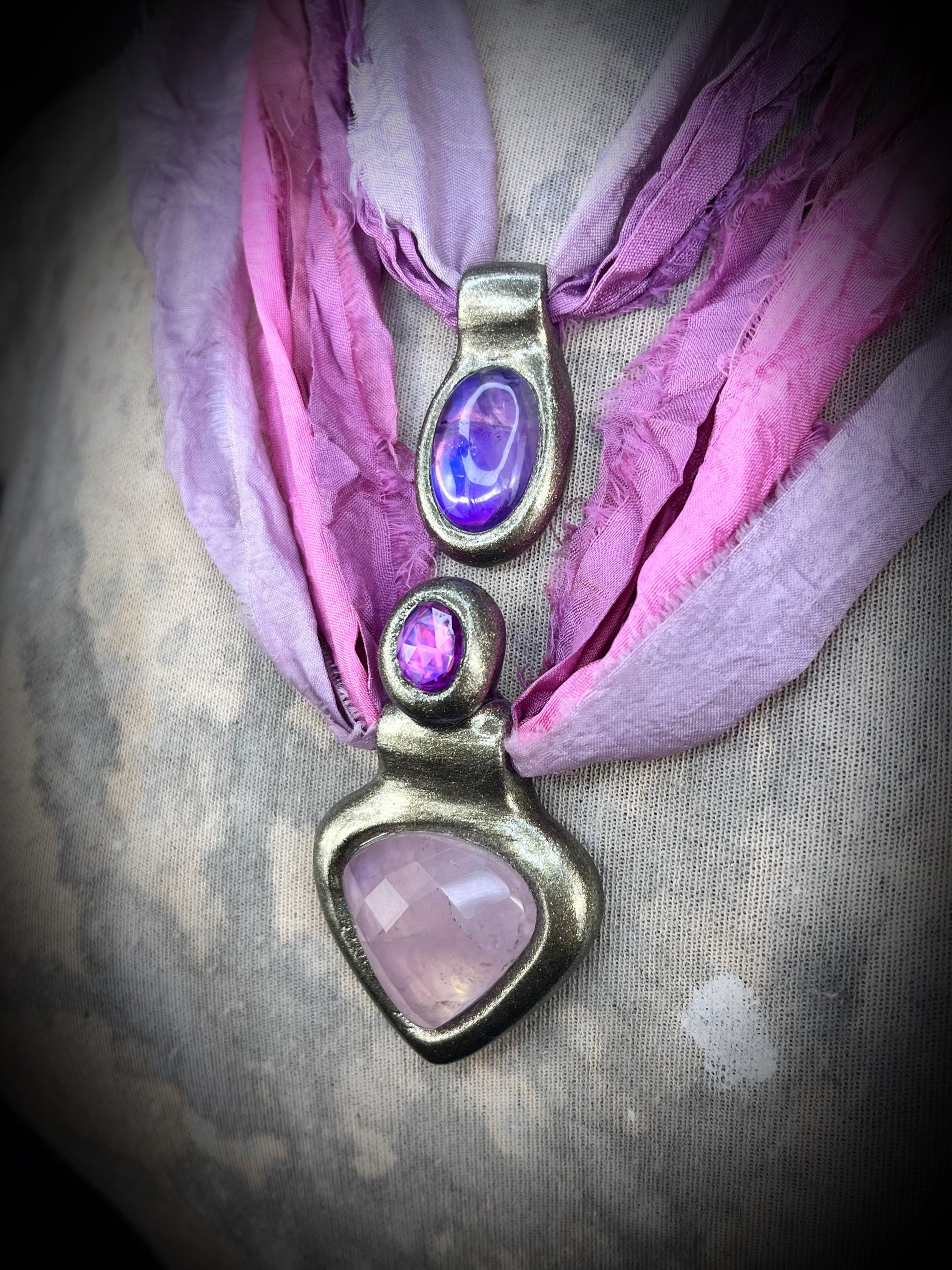 Faceted Rose Quartz and Pink Zircon handmade crystal healing gemstone gift for her.  Hung from recycled silk, this heart chakra talisman is perfect for bridal shower, pregnancy jewelry, beach photoshoot, summer travel jewelry or everyday magic!