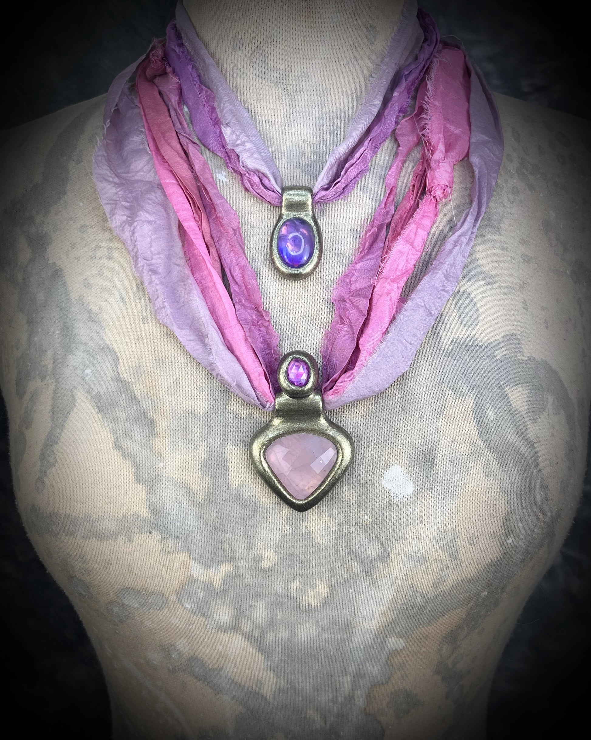 Faceted Rose Quartz and Pink Zircon handmade crystal healing gemstone gift for her.  Hung from recycled silk, this heart chakra talisman is perfect for bridal shower, pregnancy jewelry, beach photoshoot, summer travel jewelry or everyday magic!