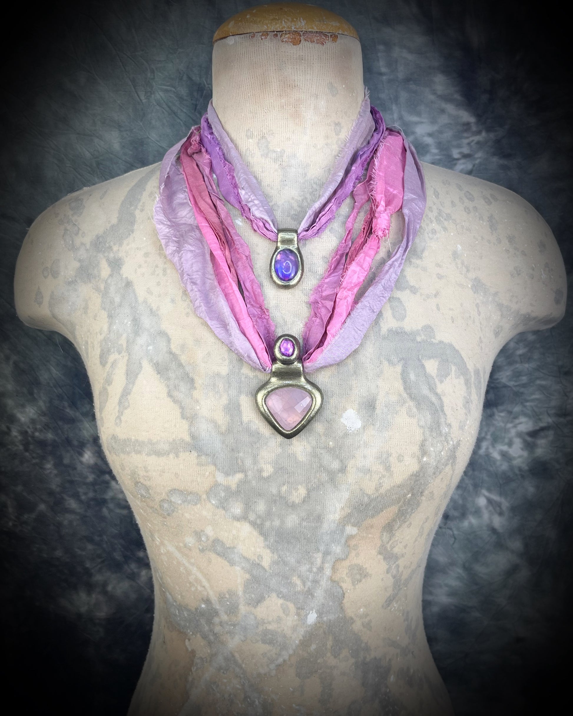 Faceted Rose Quartz and Pink Zircon handmade crystal healing gemstone gift for her.  Hung from recycled silk, this heart chakra talisman is perfect for bridal shower, pregnancy jewelry, beach photoshoot, summer travel jewelry or everyday magic!