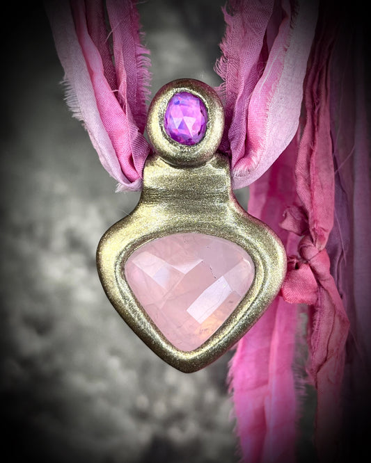 Faceted Mozambique Jelly Rose Quartz handmade crystal healing gemstone gift for her.  Hung from recycled silk, this heart chakra talisman is perfect for bridal shower, pregnancy jewelry, beach photoshoot, summer travel jewelry or everyday magic!