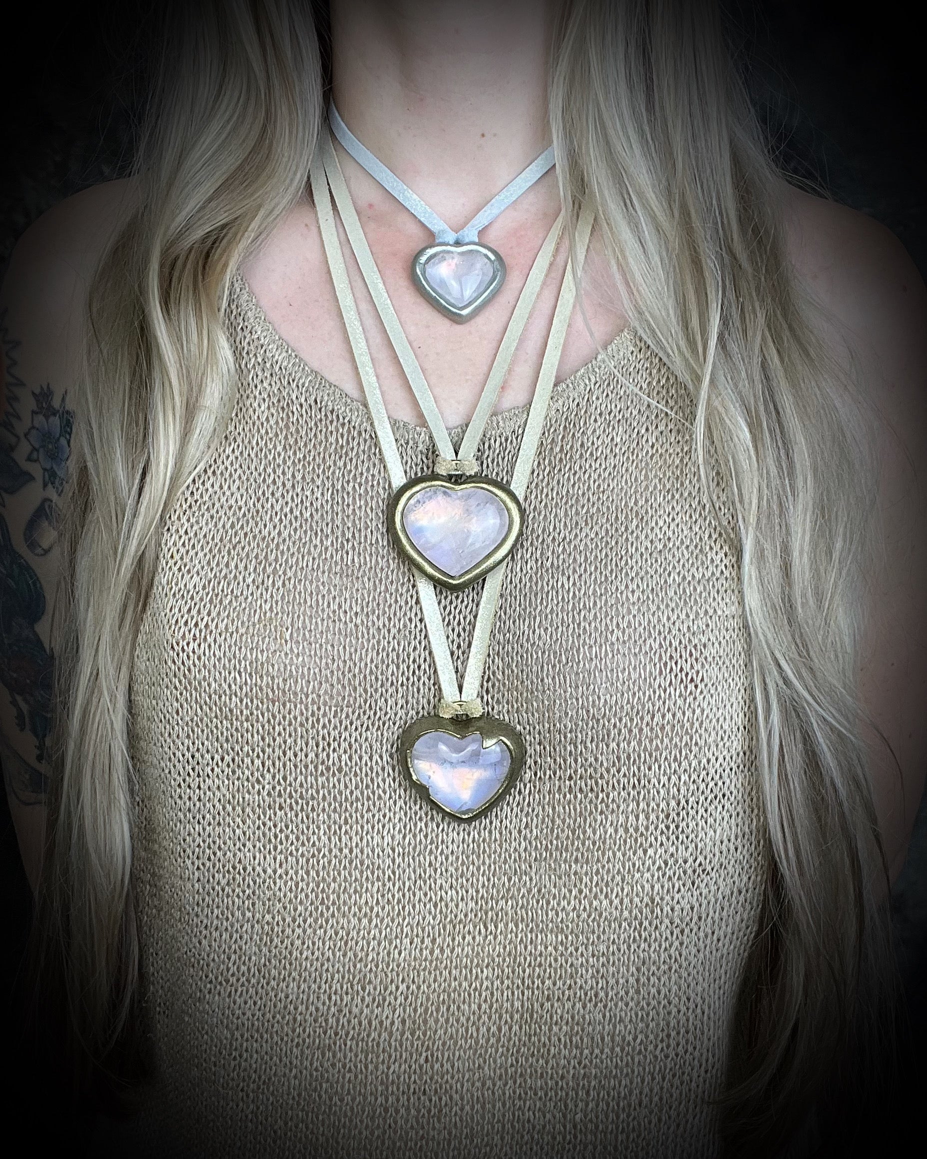 Rose Quartz crystal heart pendant necklace in gold or silver finish on soft leather cord — romantic handmade crystal jewelry