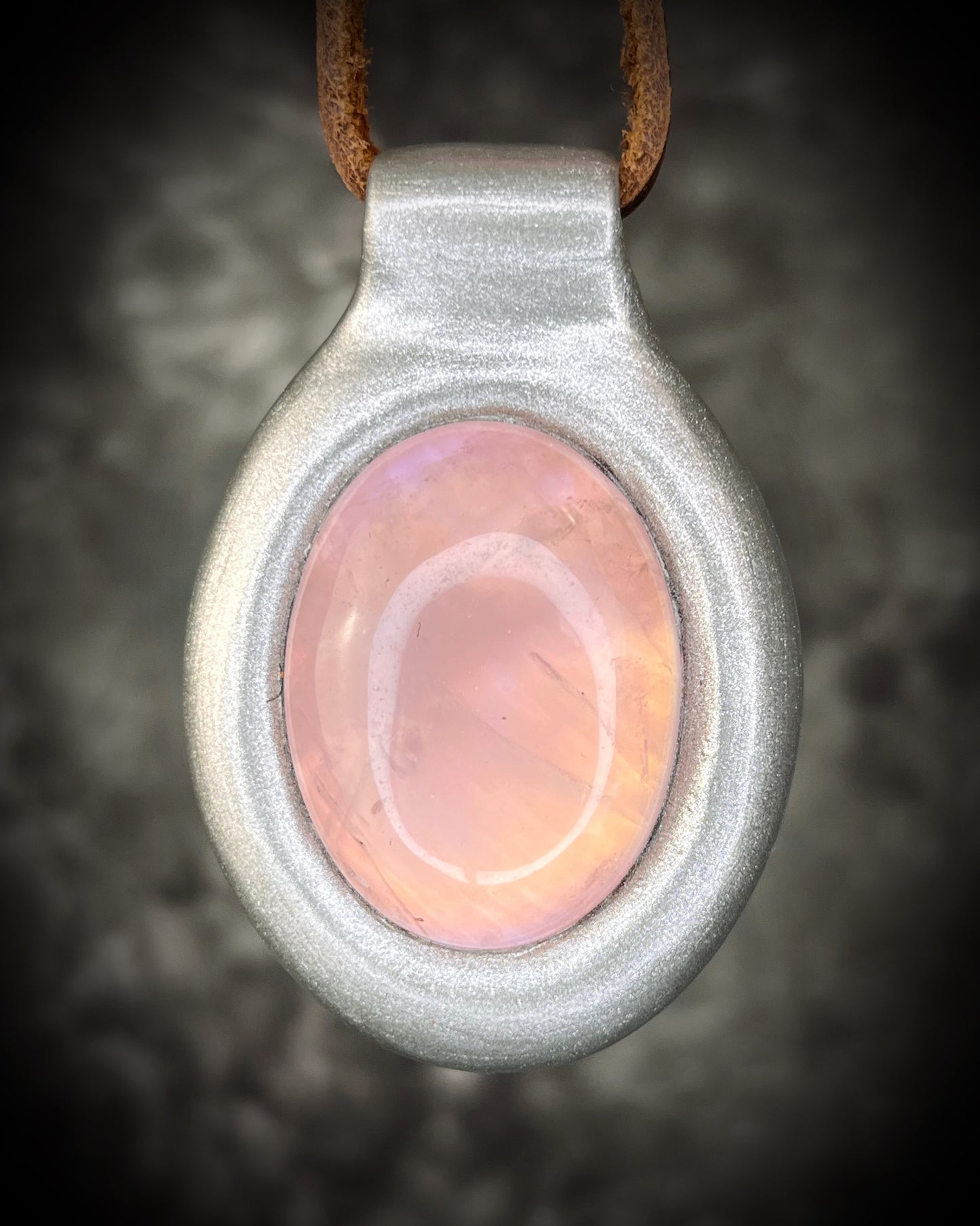 Rose Quartz crystal pendant necklace in silver finish on soft brown leather cord romantic handmade crystal jewelry gift for her. 