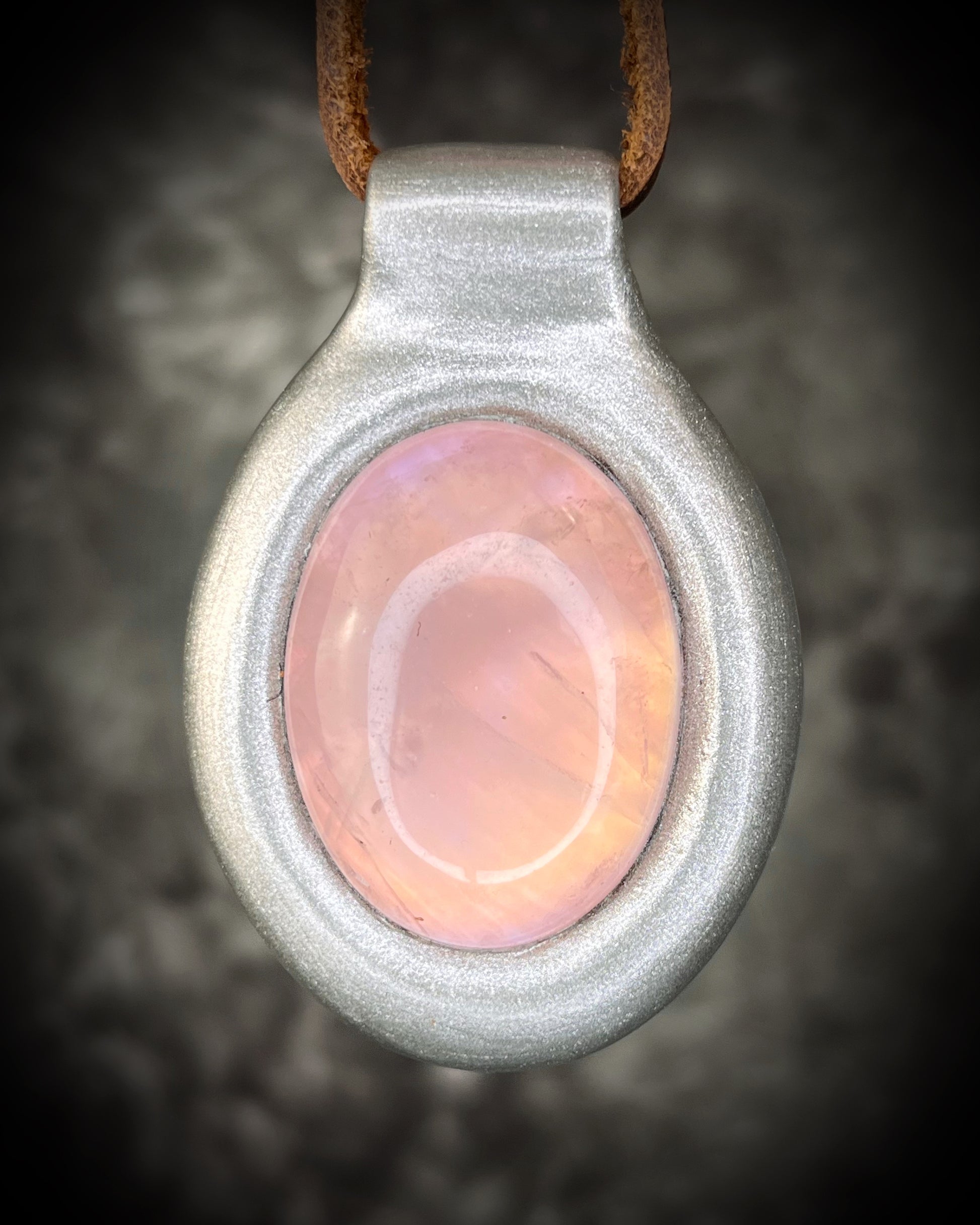 Rose Quartz crystal pendant necklace in silver finish on soft brown leather cord romantic handmade crystal jewelry gift for her. 