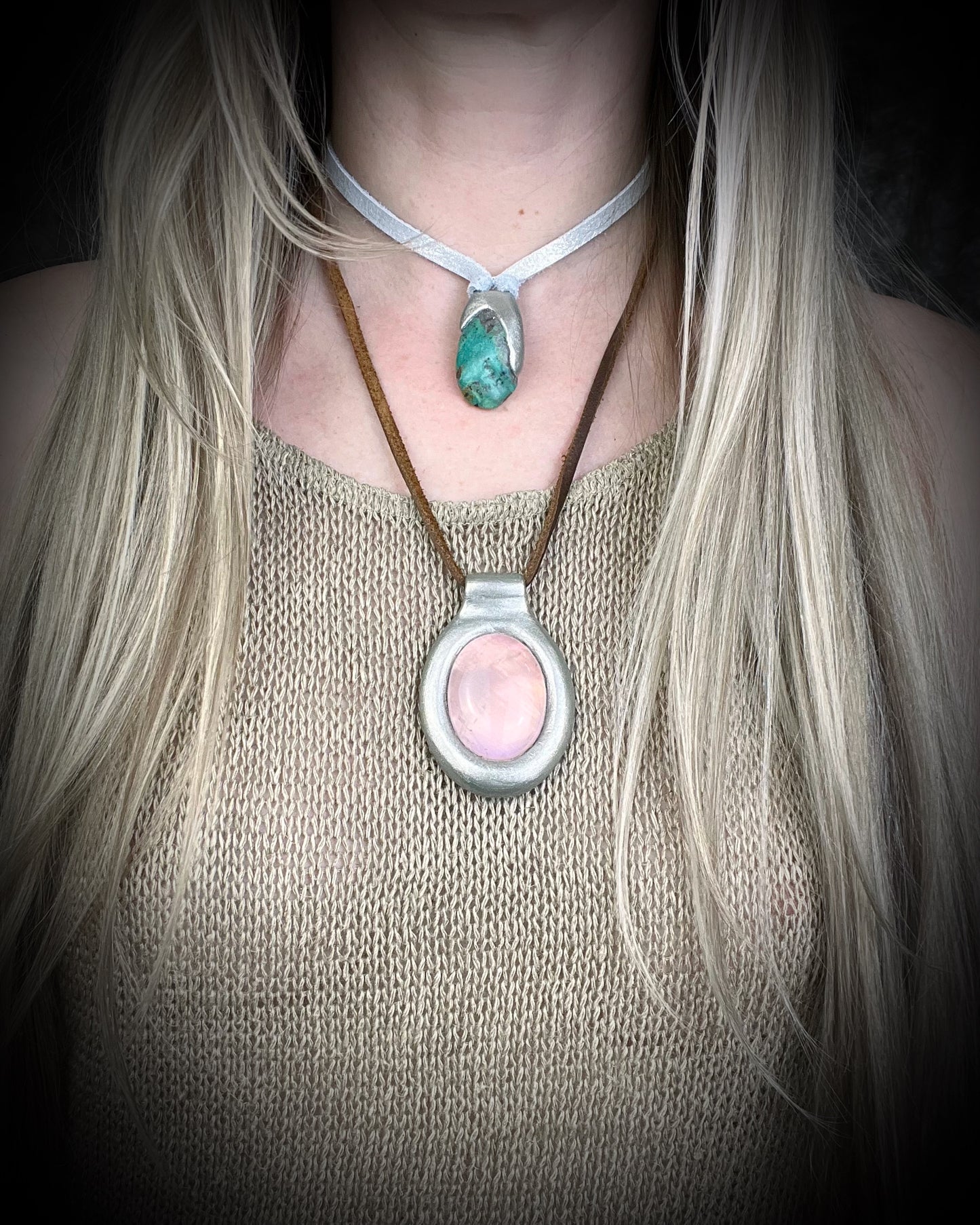 Rose Quartz crystal pendant necklace in silver finish on soft brown leather cord romantic handmade crystal jewelry gift for her. 