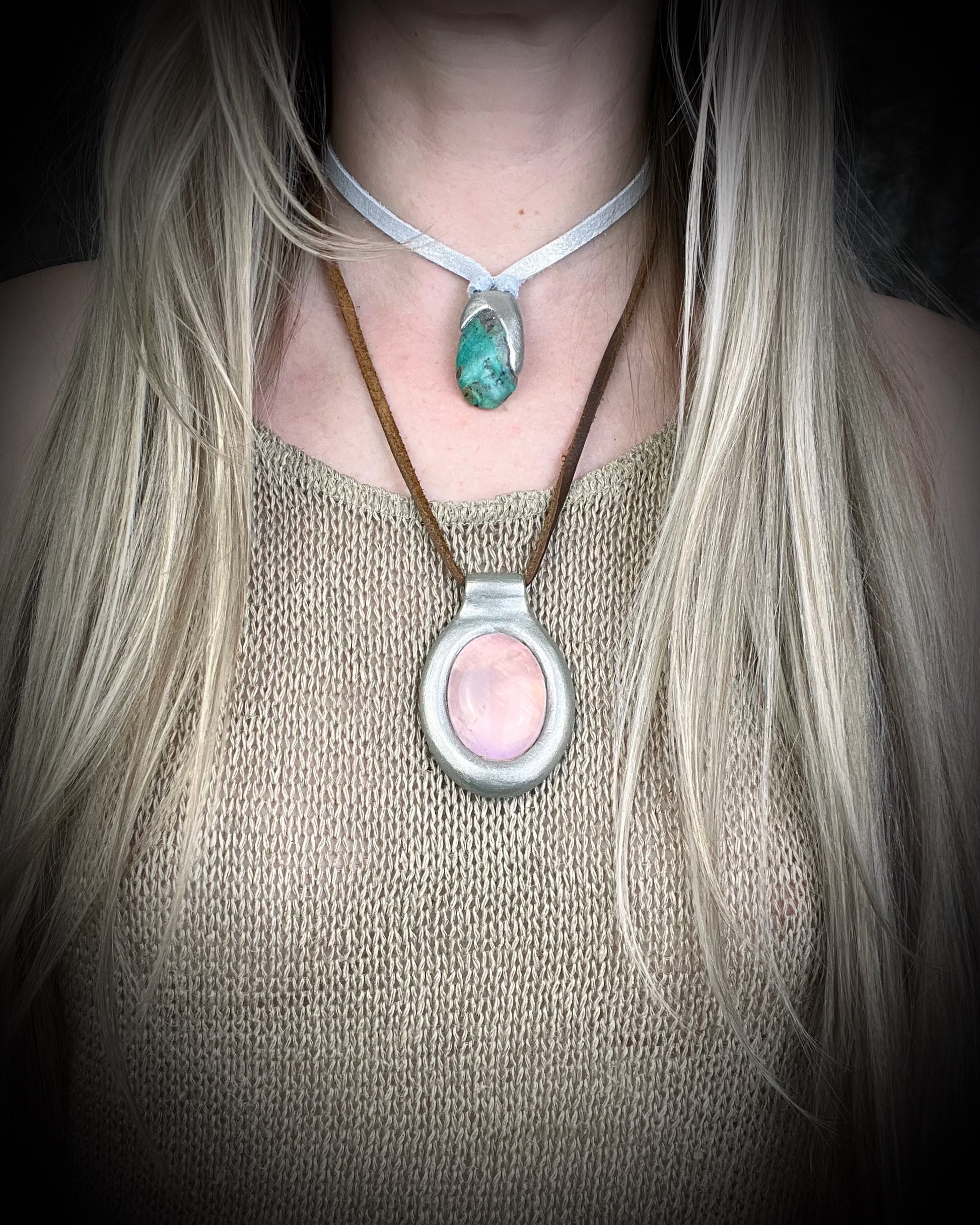 Rose Quartz crystal pendant necklace in silver finish on soft brown leather cord romantic handmade crystal jewelry gift for her. 
