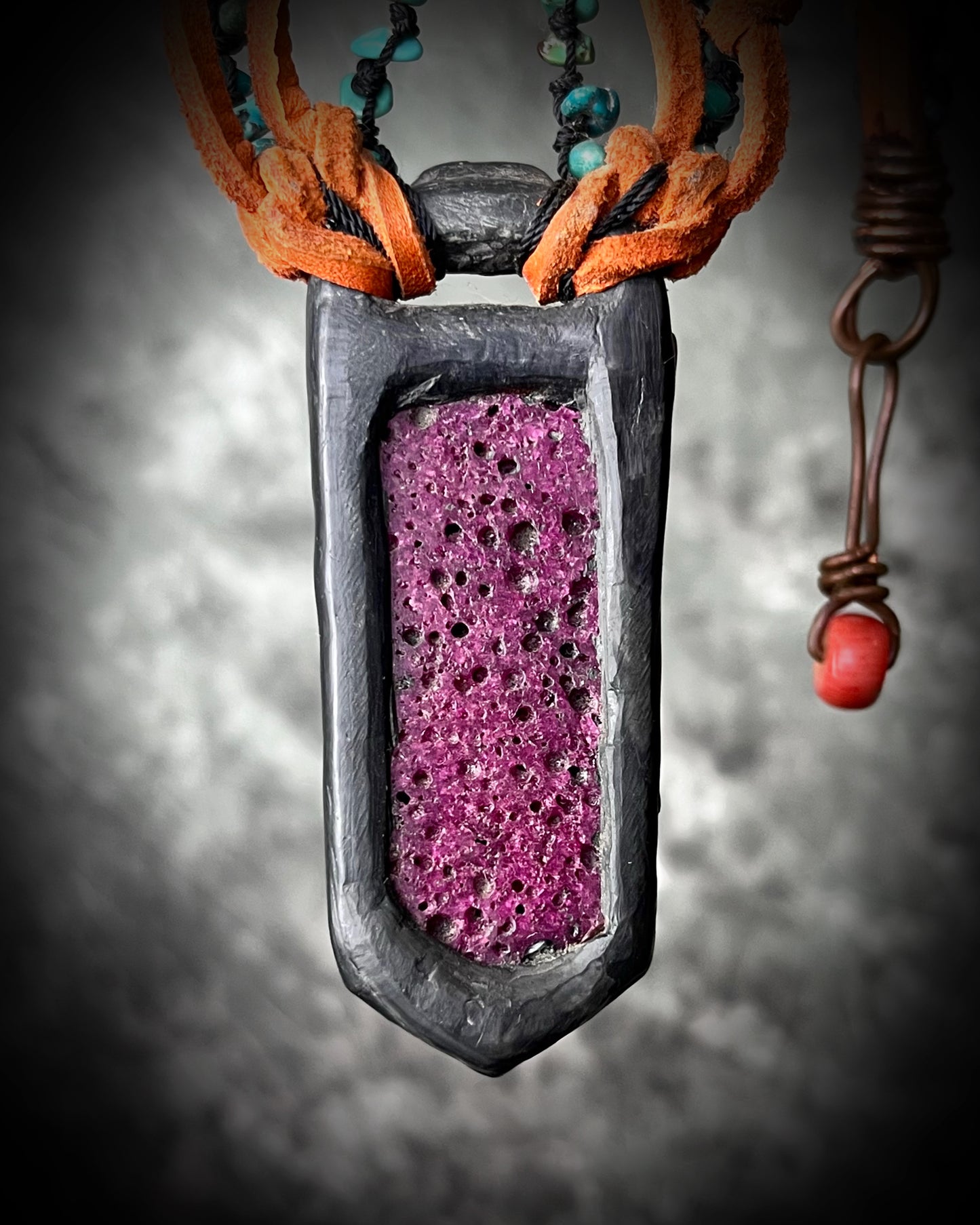 Ruby talisman with inlaid Turquoise and Carnelian on orange leather with black turquoise beaded collar and handmade metal clasp. Creative Holiday Gift for Her