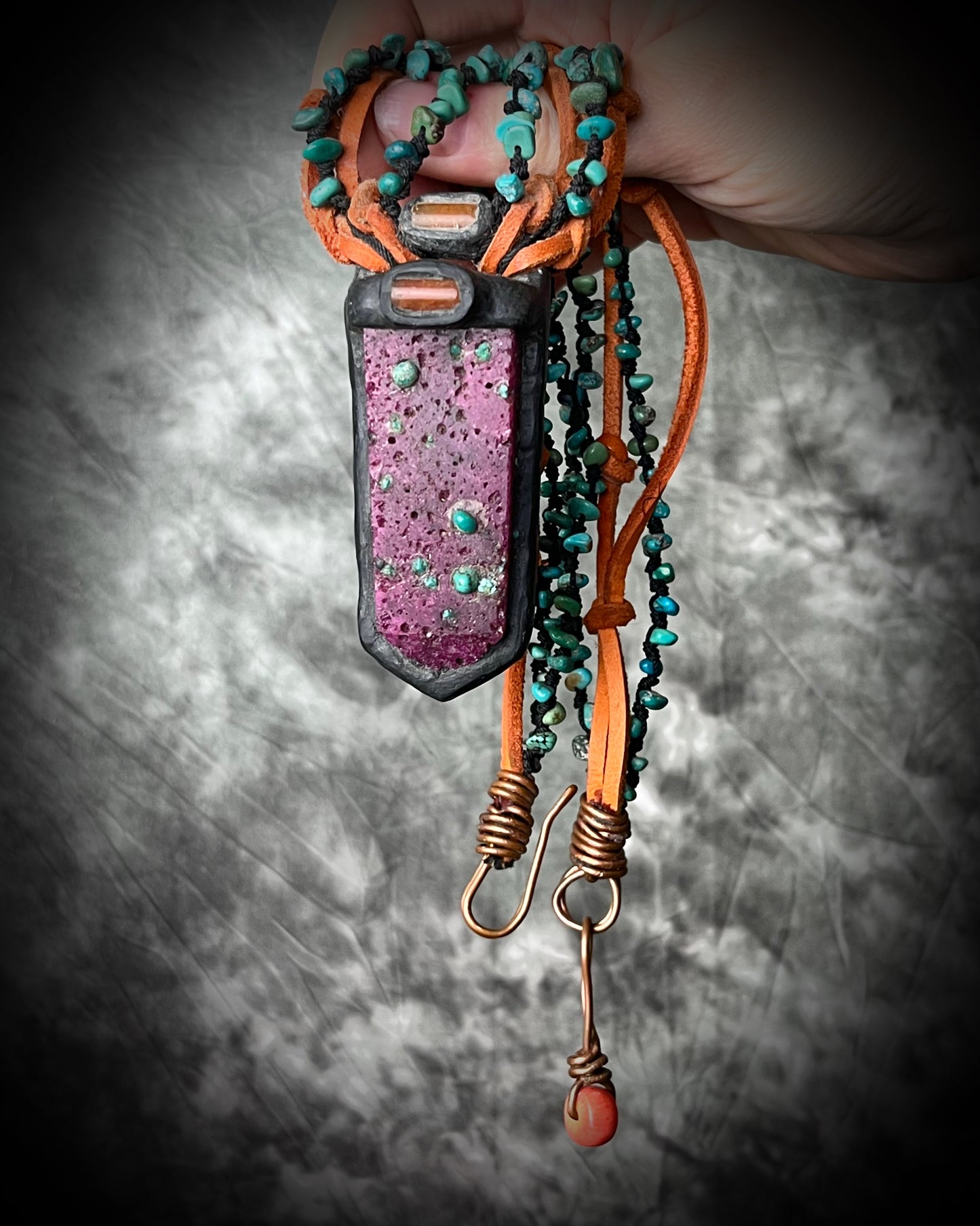 Ruby talisman with inlaid Turquoise and Carnelian on orange leather with black turquoise beaded collar and handmade metal clasp. Creative Holiday Gift for Her