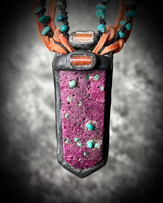 Ruby talisman with inlaid Turquoise and Carnelian on orange leather with black turquoise beaded collar and handmade metal clasp. Creative Holiday Gift for Her 