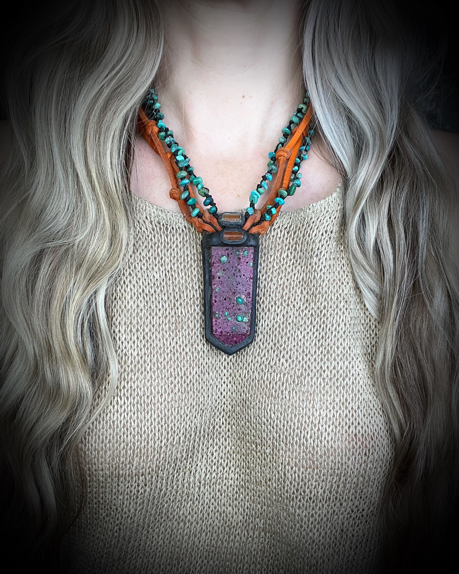 Ruby talisman with inlaid Turquoise and Carnelian on orange leather with black turquoise beaded collar and handmade metal clasp. Creative Holiday Gift for Her