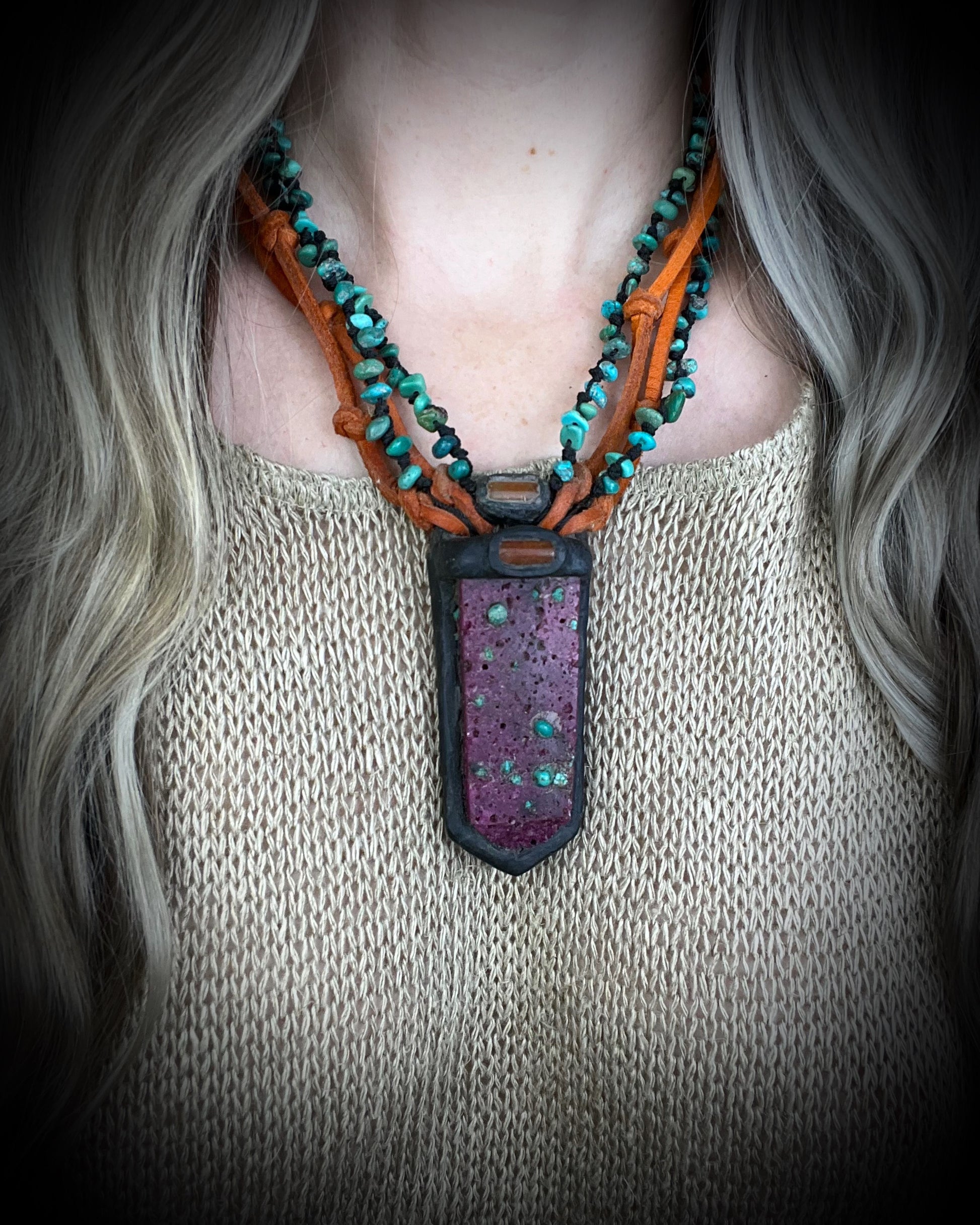 Ruby talisman with inlaid Turquoise and Carnelian on orange leather with black turquoise beaded collar and handmade metal clasp. Creative Holiday Gift for Her 