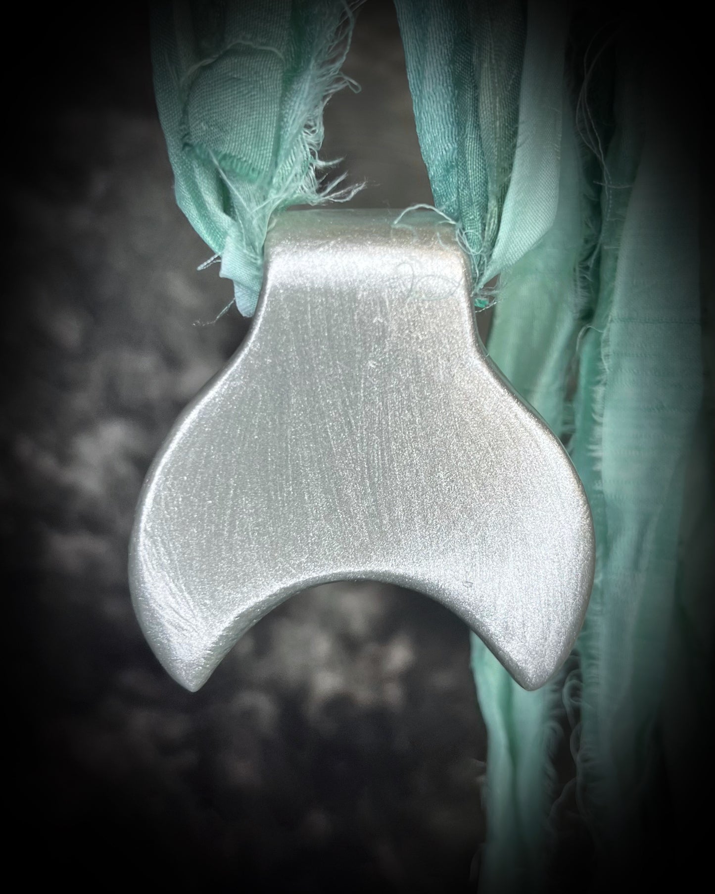 Silver amazonite crescent moon pendant on aqua recycled silk ribbon, celestial crystal necklace, mystical boho jewelry, handmade statement talisman.