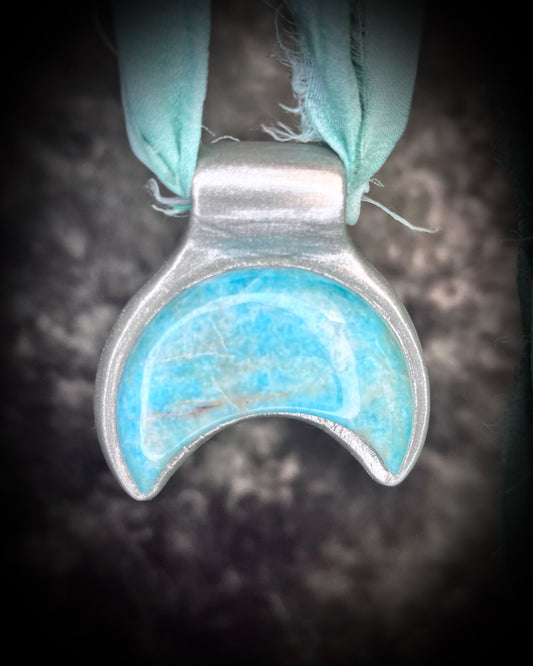 Silver amazonite crescent moon pendant on aqua recycled silk ribbon, celestial crystal necklace, mystical boho jewelry, handmade statement talisman.