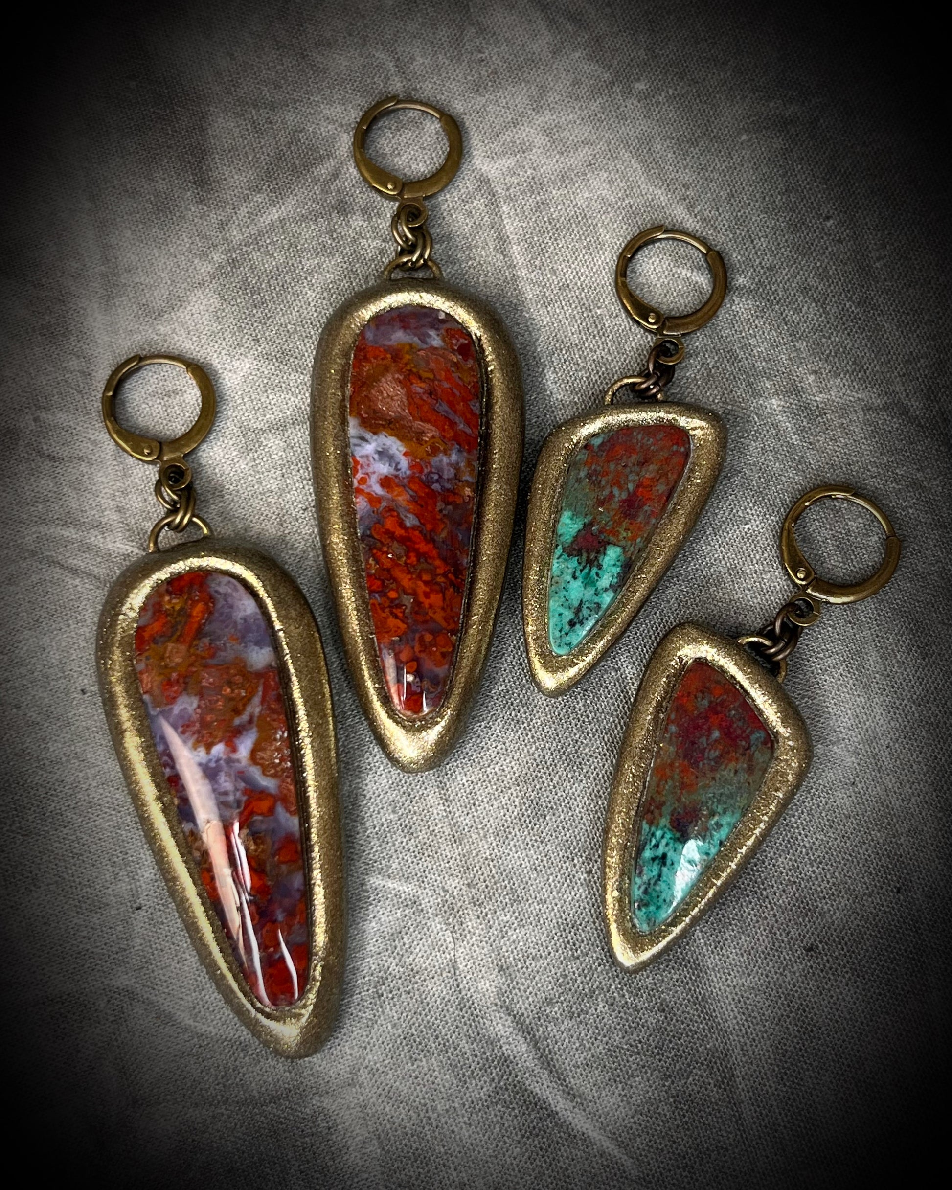 Sonora Sunrise Chrysocolla Earrings and Red Moss agate earrings in Gold Finish with Brass Huggie Hooks. 