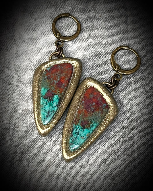 Sonora Sunrise Chrysocolla Earrings in Gold Finish with Brass Huggie Hooks. Empowering crystal jewelry gift for her. 