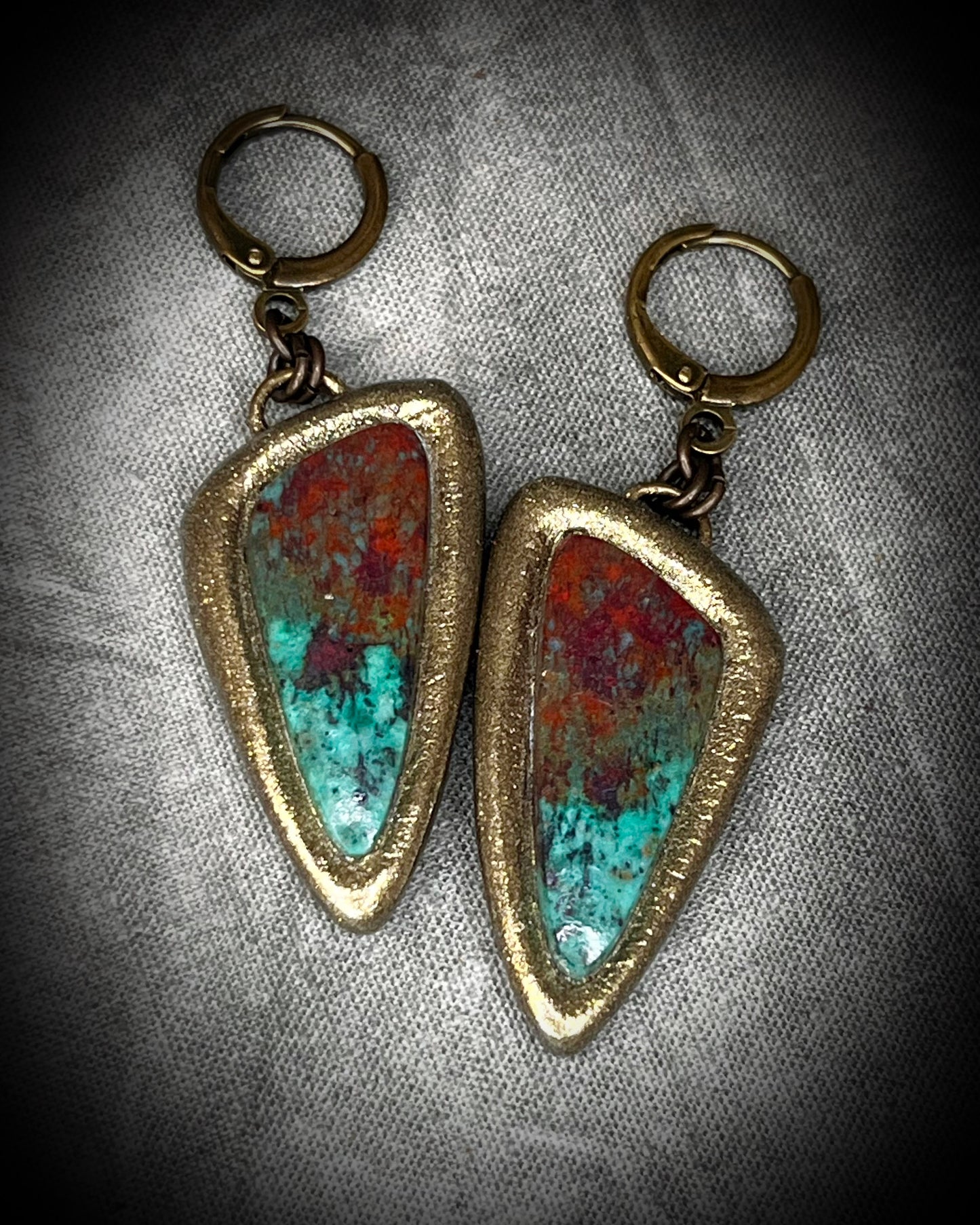Sonora Sunrise Chrysocolla Earrings in Gold Finish with Brass Huggie Hooks. Empowering crystal jewelry gift for her. 