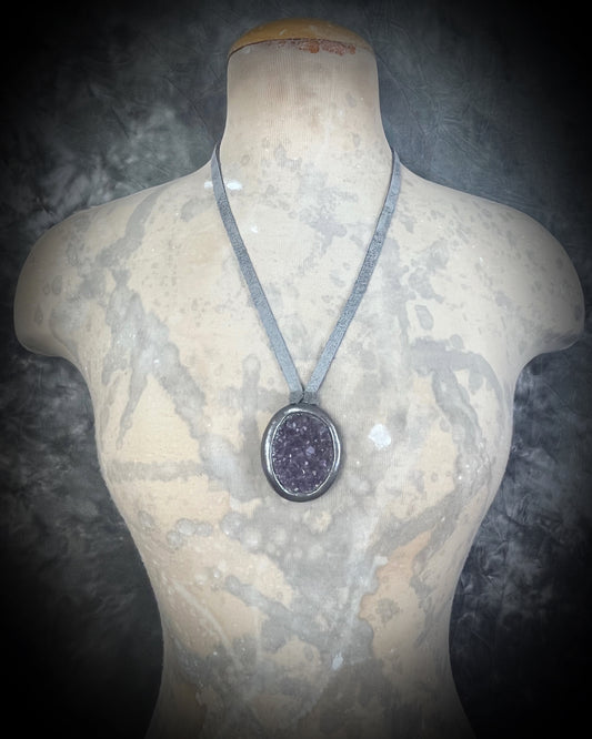 Sparkling druzy amethyst oval pendant in dark gunmetal silver on silver leather cord. Mystical crystal necklace for intuition, healing, and protection, handmade statement jewelry for spiritual seekers and gemstone lovers.