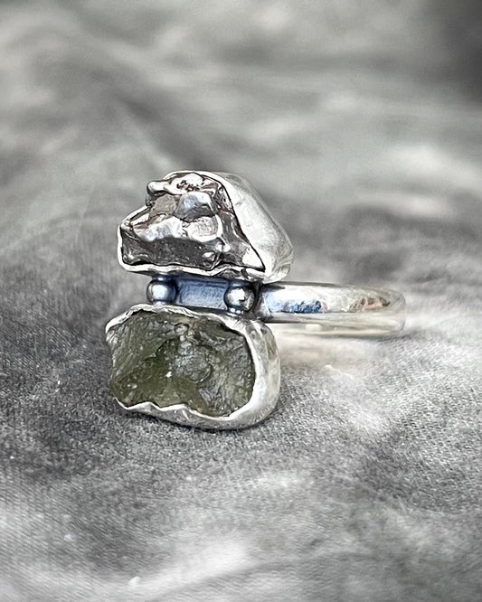 Sterling silver multi-stone ring for women featuring moldavite crystal and a genuine iron meteorite from outerspace. 
