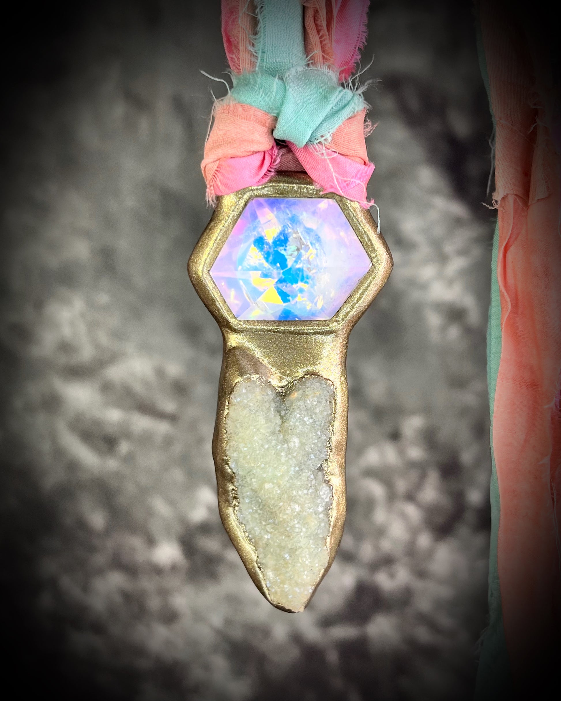 Druzy Prehnite and Opalescent Quartz Crystal Healing ,Handmade in the USA 2025 Talisman on recycled silk for a sustainable gift for her. Perfect as festival, travel jewelry or summer jewelry.