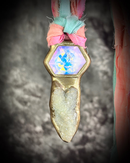 Druzy Prehnite and Opalescent Quartz Crystal Healing ,Handmade in the USA 2025 Talisman on recycled silk for a sustainable gift for her. Perfect as festival, travel jewelry or summer jewelry.