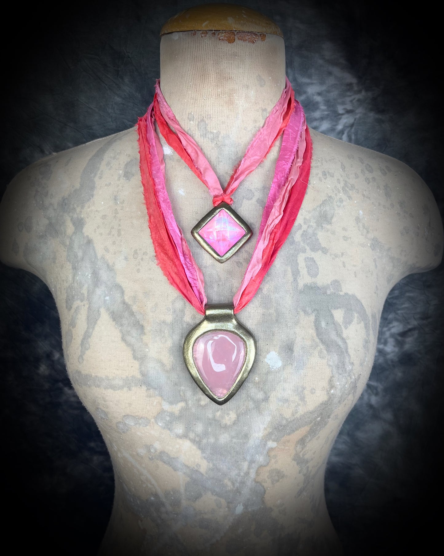 Teardrop Rose Quartz handmade crystal healing gemstone gift for her.  Hung from recycled silk, this heart chakra talisman is perfect for bridal shower, pregnancy jewelry, beach photoshoot, summer travel jewelry or everyday magic!