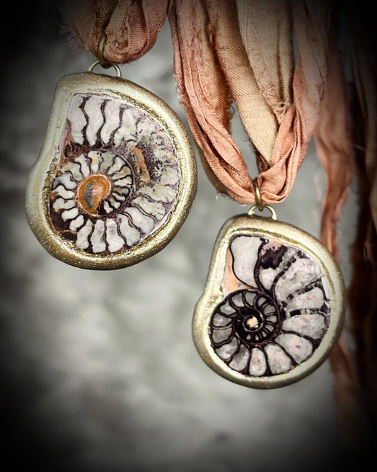 Handmade best friends fossil ammonite necklaces, matching pair ammolite charms, recycled silk sustainable festival jewelry, bag, purse, or besties charms.  