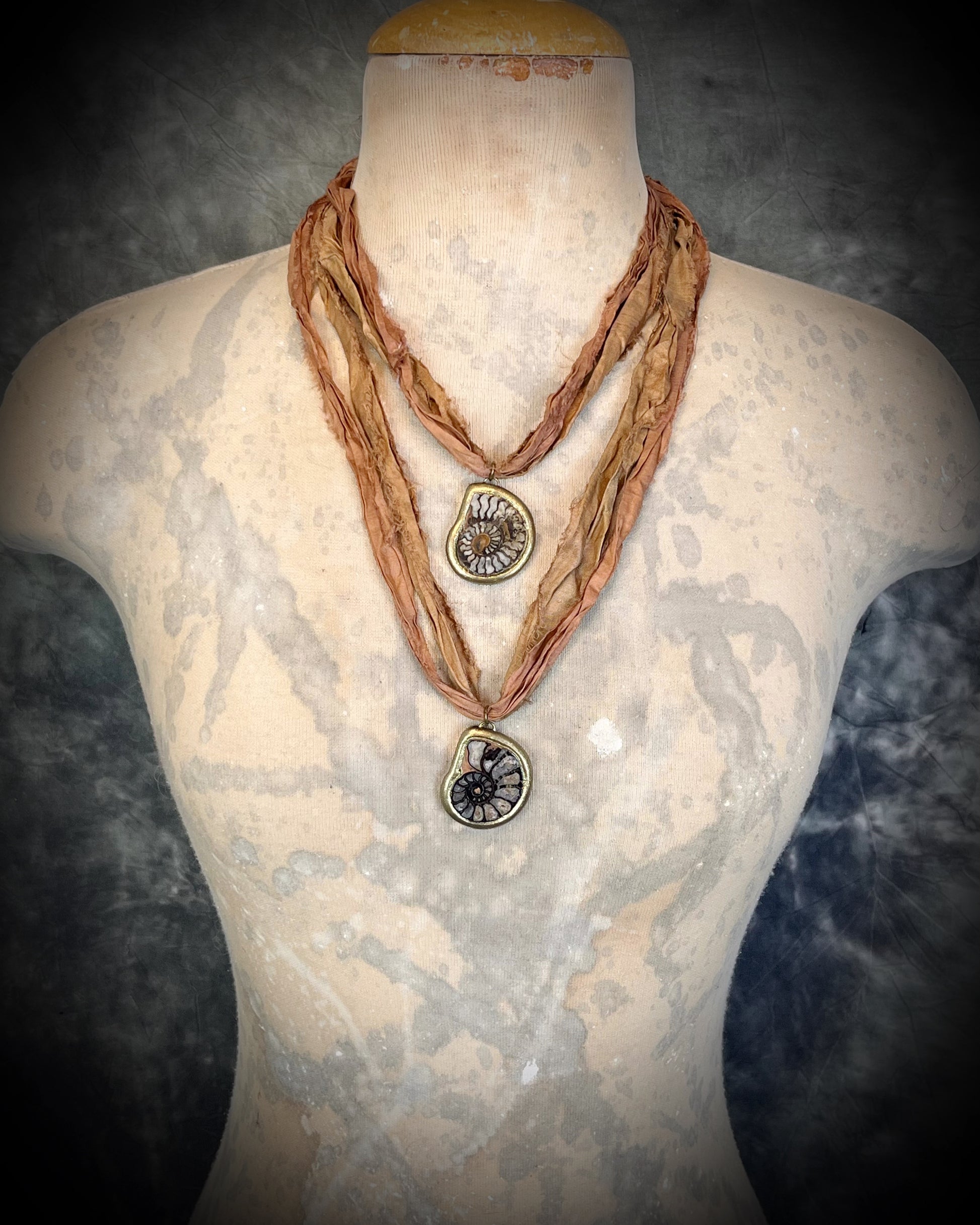 Handmade best friends fossil ammonite necklaces, matching pair ammolite charms, recycled silk sustainable festival jewelry, bag, purse, or besties charms.  