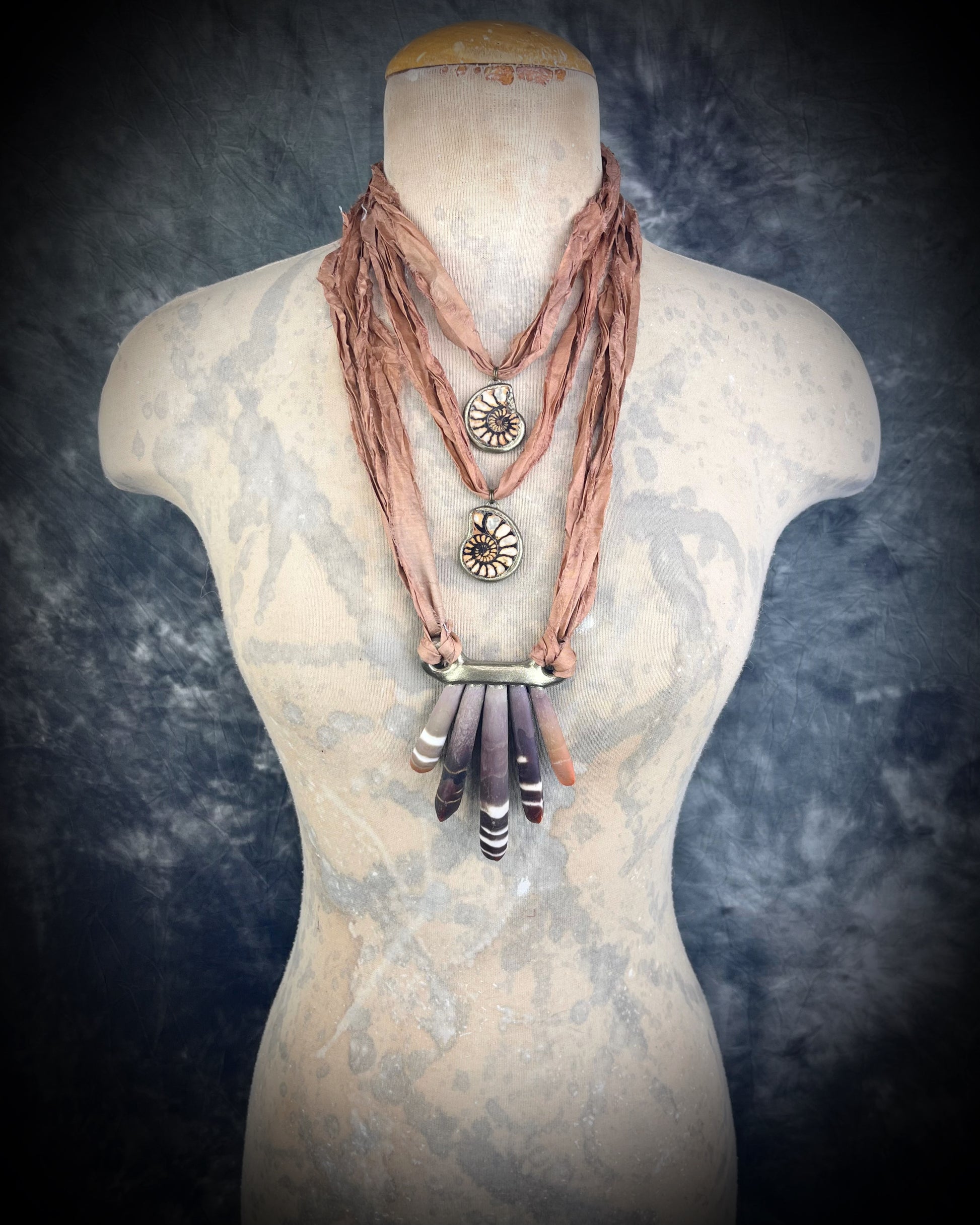 Handmade best friends fossil ammonite necklaces, matching pair ammolite charms, recycled silk sustainable bag or besties charms.  