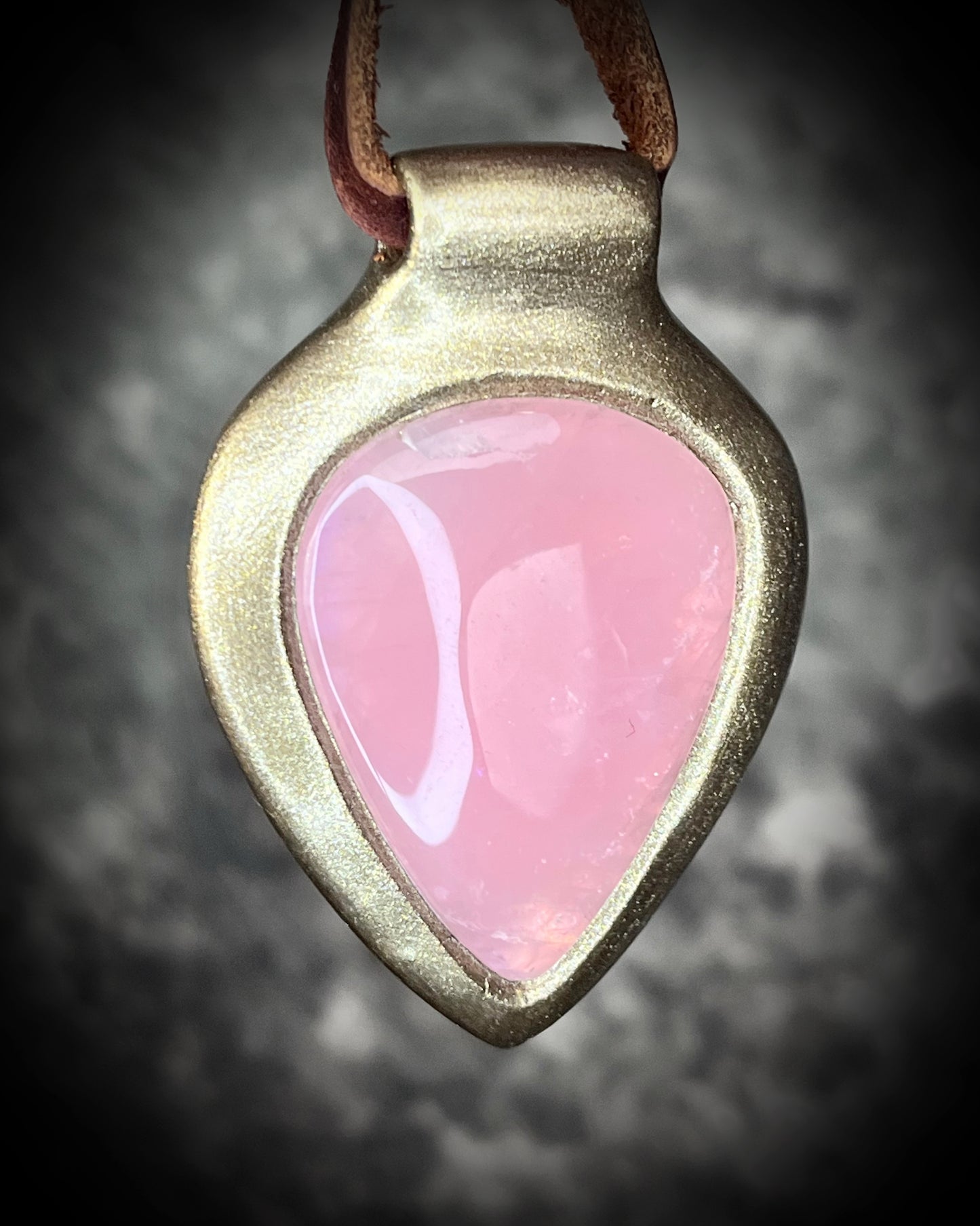 Teardrop Rose Quartz handmade crystal healing gemstone gift for her.  Hung from brown leather, this heart chakra talisman is the perfect gift for her, holiday jewelry or everyday magic!