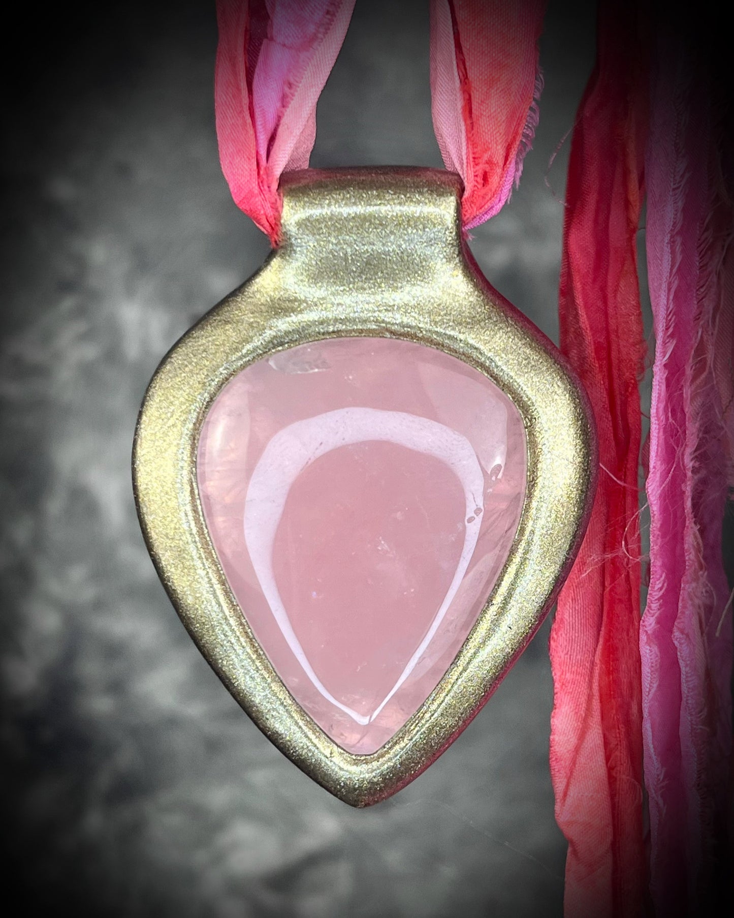 Teardrop Rose Quartz handmade crystal healing gemstone gift for her.  Hung from recycled silk, this heart chakra talisman is perfect for bridal shower, pregnancy jewelry, beach photoshoot, summer travel jewelry or everyday magic!