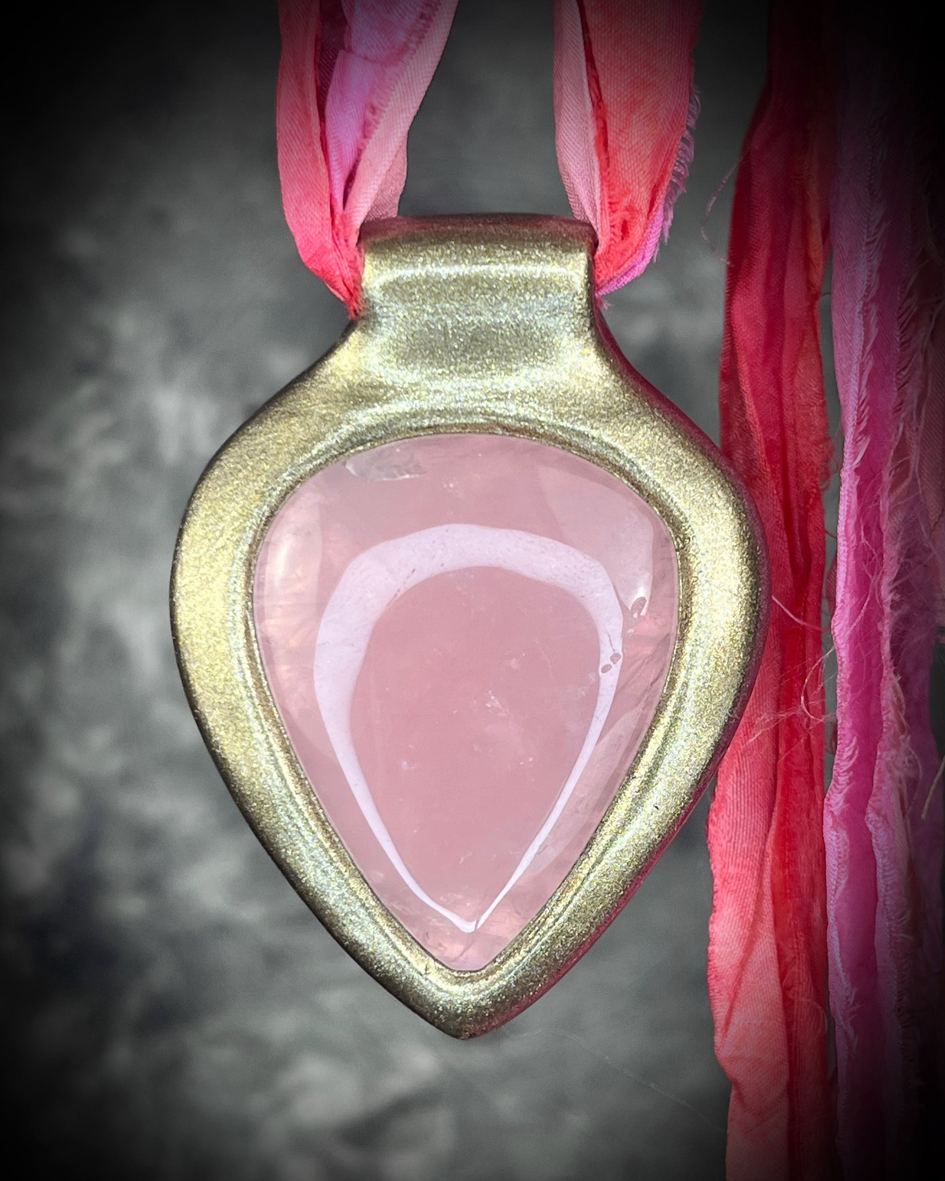 Teardrop Rose Quartz handmade crystal healing gemstone gift for her.  Hung from recycled silk, this heart chakra talisman is perfect for bridal shower, pregnancy jewelry, beach photoshoot, summer travel jewelry or everyday magic!