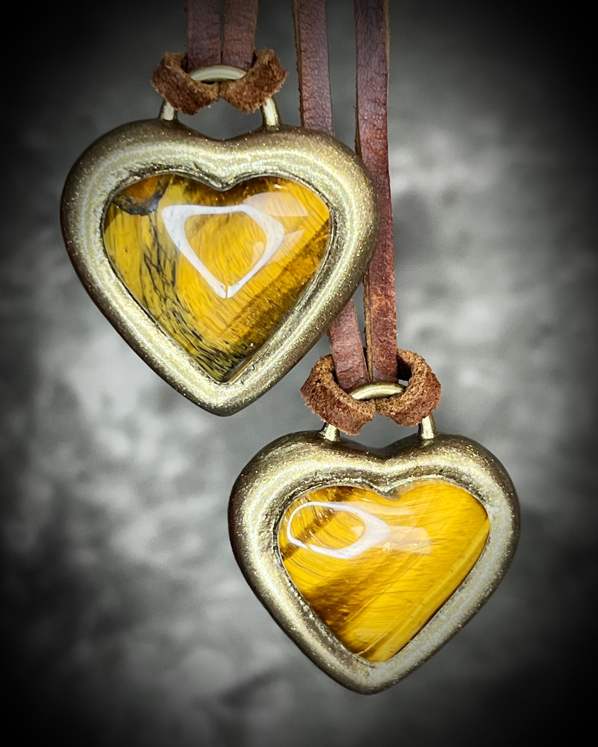 Tiger’s Eye crystal heart pendant necklaces with gold finish on brown leather cord — handmade grounding and protective jewelry. Holiday gift for her.
