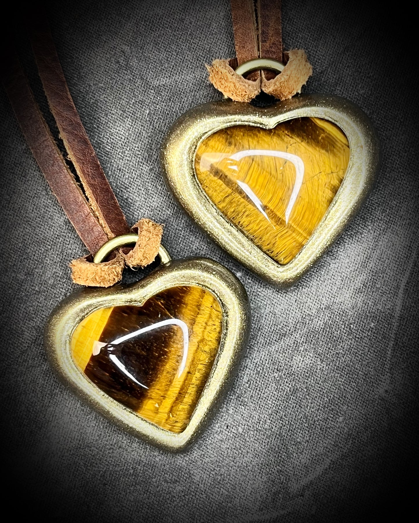 Tiger’s Eye crystal heart pendant necklaces with gold finish on brown leather cord — handmade grounding and protective jewelry. Holiday gift for her.