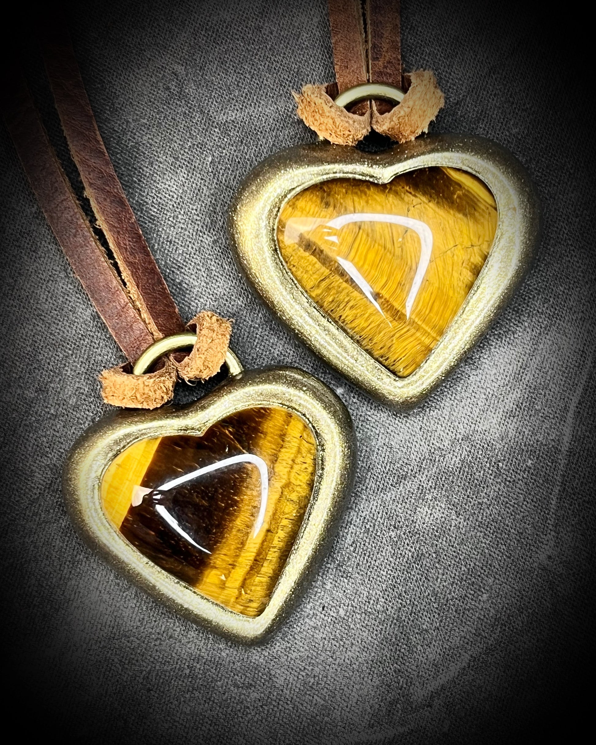 Tiger’s Eye crystal heart pendant necklaces with gold finish on brown leather cord — handmade grounding and protective jewelry. Holiday gift for her.