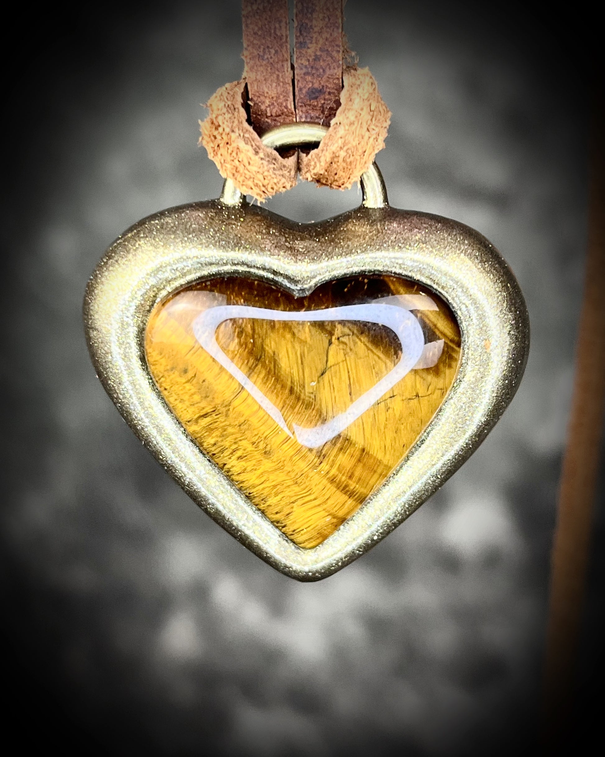 Tiger’s Eye crystal heart pendant necklaces with gold finish on brown leather cord — handmade grounding and protective jewelry. Holiday gift for her.