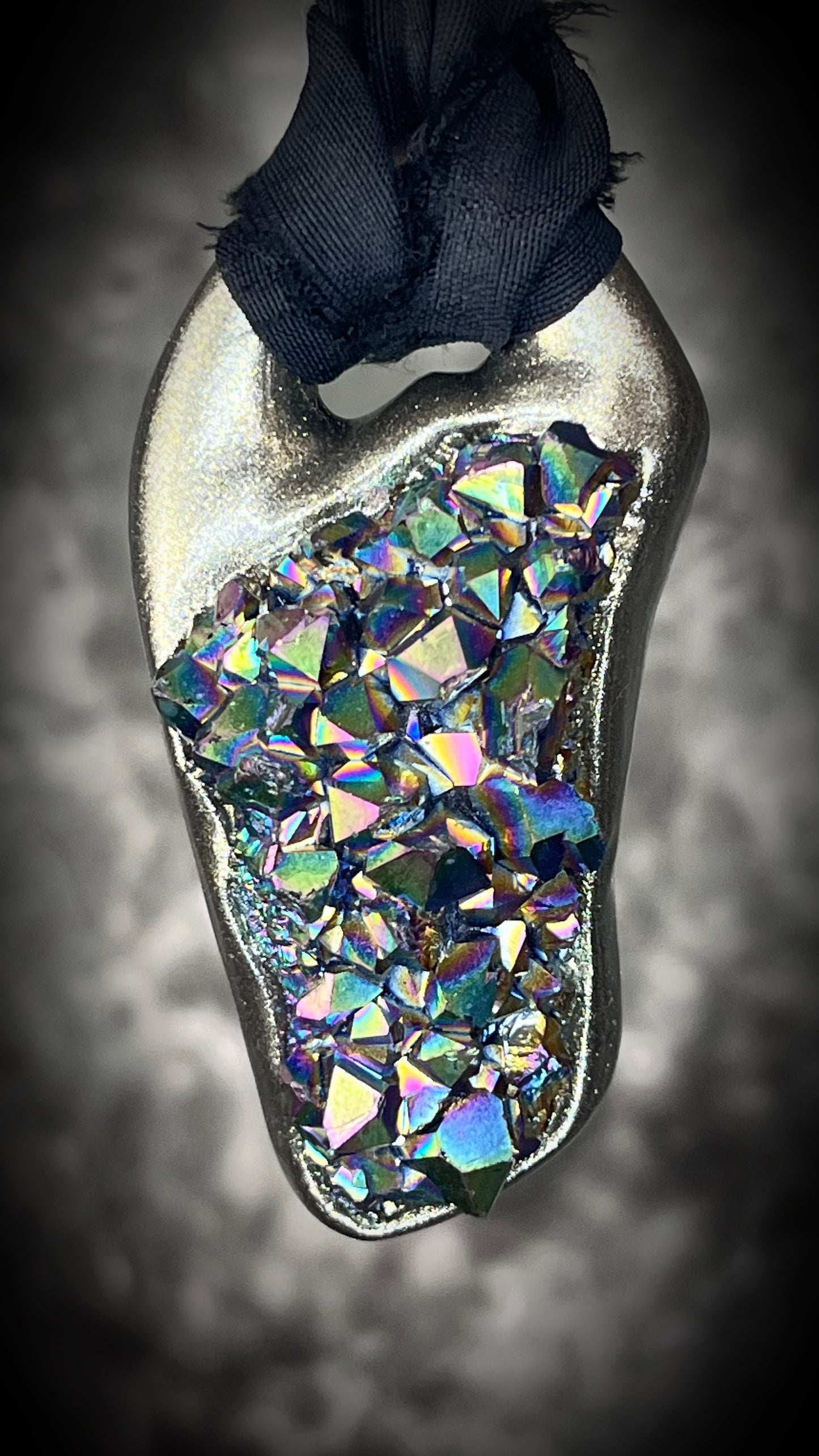 Titanium aura Amethyst pendant with iridescent gemstone druzy sparkle, handmade and hung from black recycled silk for an elegant holiday gift for her.