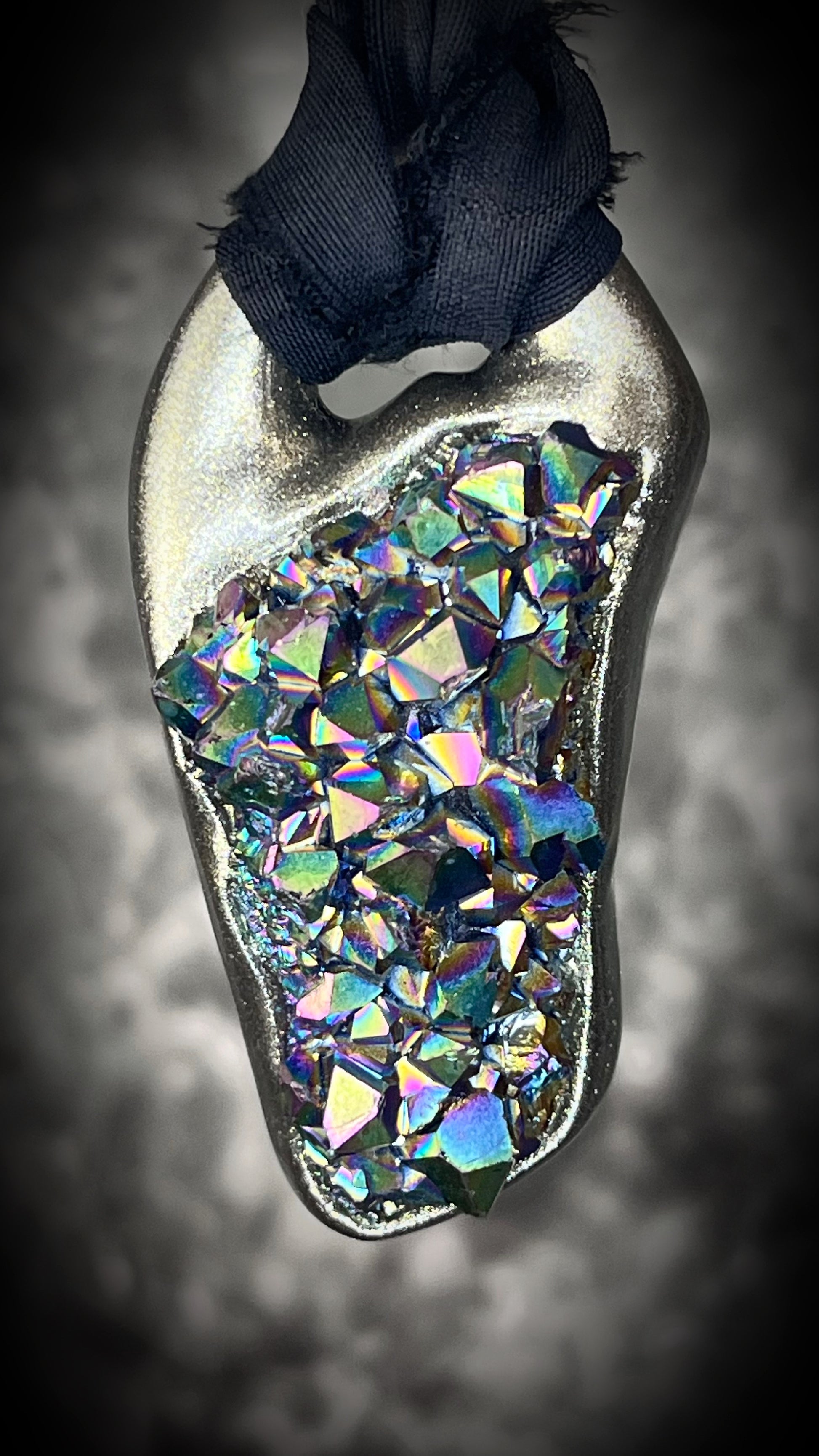 Titanium aura Amethyst pendant with iridescent gemstone druzy sparkle, handmade and hung from black recycled silk for an elegant holiday gift for her.