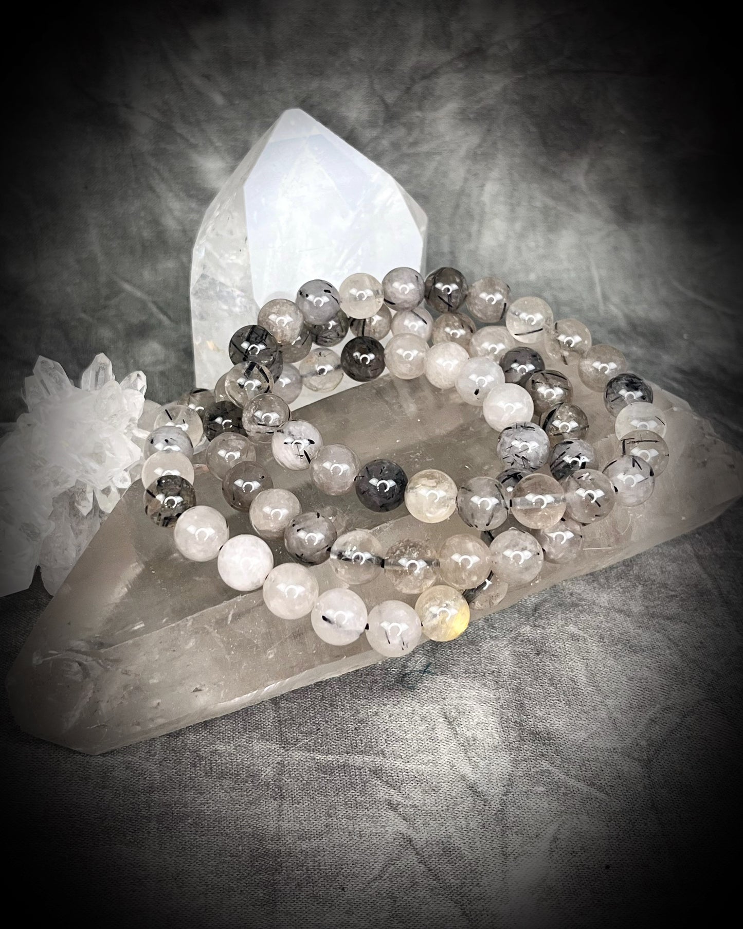 Tourmalinated Quartz Raw stone, natural crystal healing beaded bracelets for protection, grounding, emf shielding and gemstone magic!  Crystal stacking bracelets for modern maximalism and dopamine dressing!