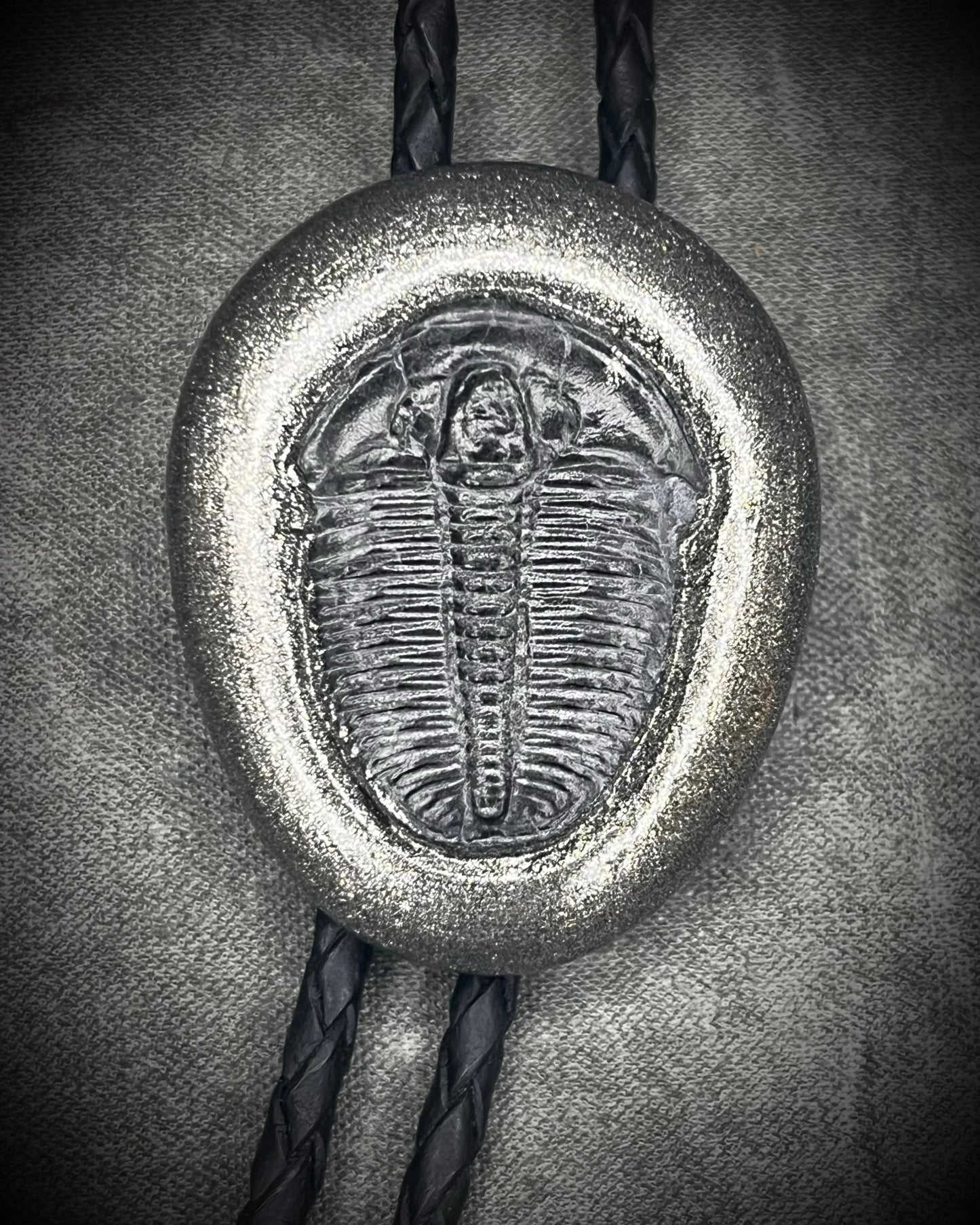 Trilobite fossil bolo tie with gunmetal finish, black leather, and dark silver bolo tips, handmade by Become Spellbound in Baltimore, Maryland.