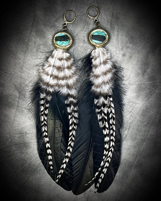 Turquoise and feather earrings with natural blue-green stone, gold finish, and hypoallergenic brass huggie hooks, handmade by Become Spellbound.