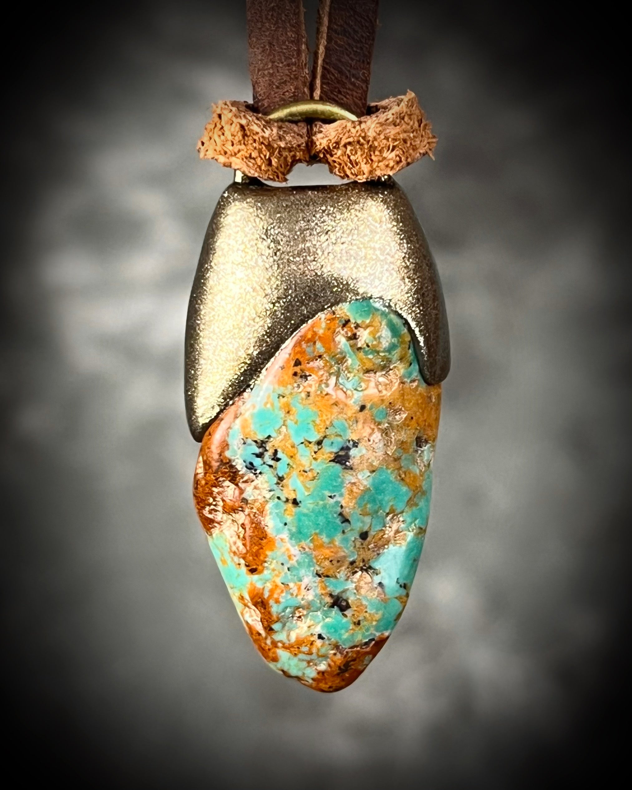 Turquoise Nugget Necklace in Gold Finish on Brown Leather | Protective ...