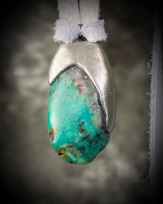 Turquoise stone pendant with silver setting hung on silver leather. Western boho jewelry gift for her. 