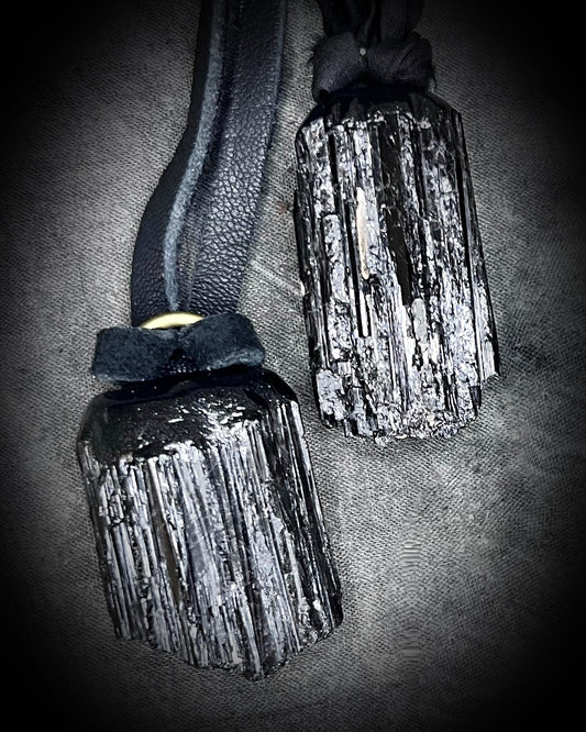 Two black tourmaline gemstone protection talisman necklaces. Grounding and emf protection necklaces on recycled silk or black leather. Black on black gothic gift for her.