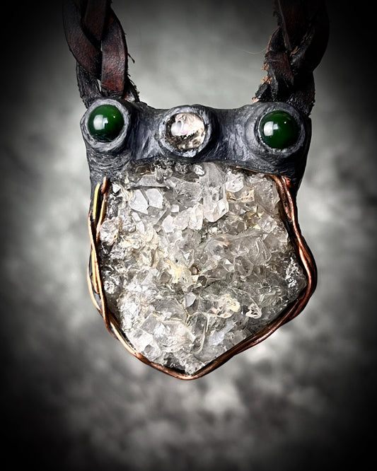 Unisex Druzy Quartz and Green Aventurine necklace on braided leather, handmade as a rugged earthy crystal talisman.