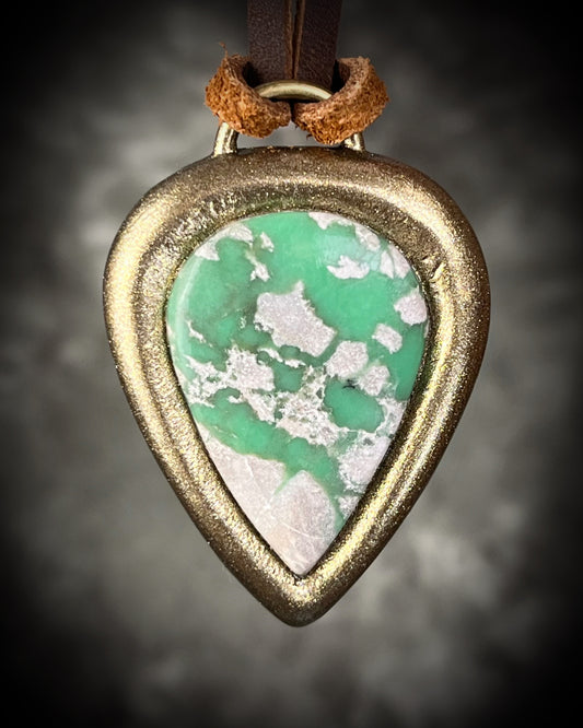 Variscite crystal pendant with green and white stone in a gold frame hung from brown leather. Boho Western jewelry gift for her. 