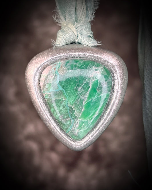 Variscite crystal rare gemstone emotional healing handmade silver necklace with boho mint green recycled silk.  Sustainable elegance in summer festival jewelry.