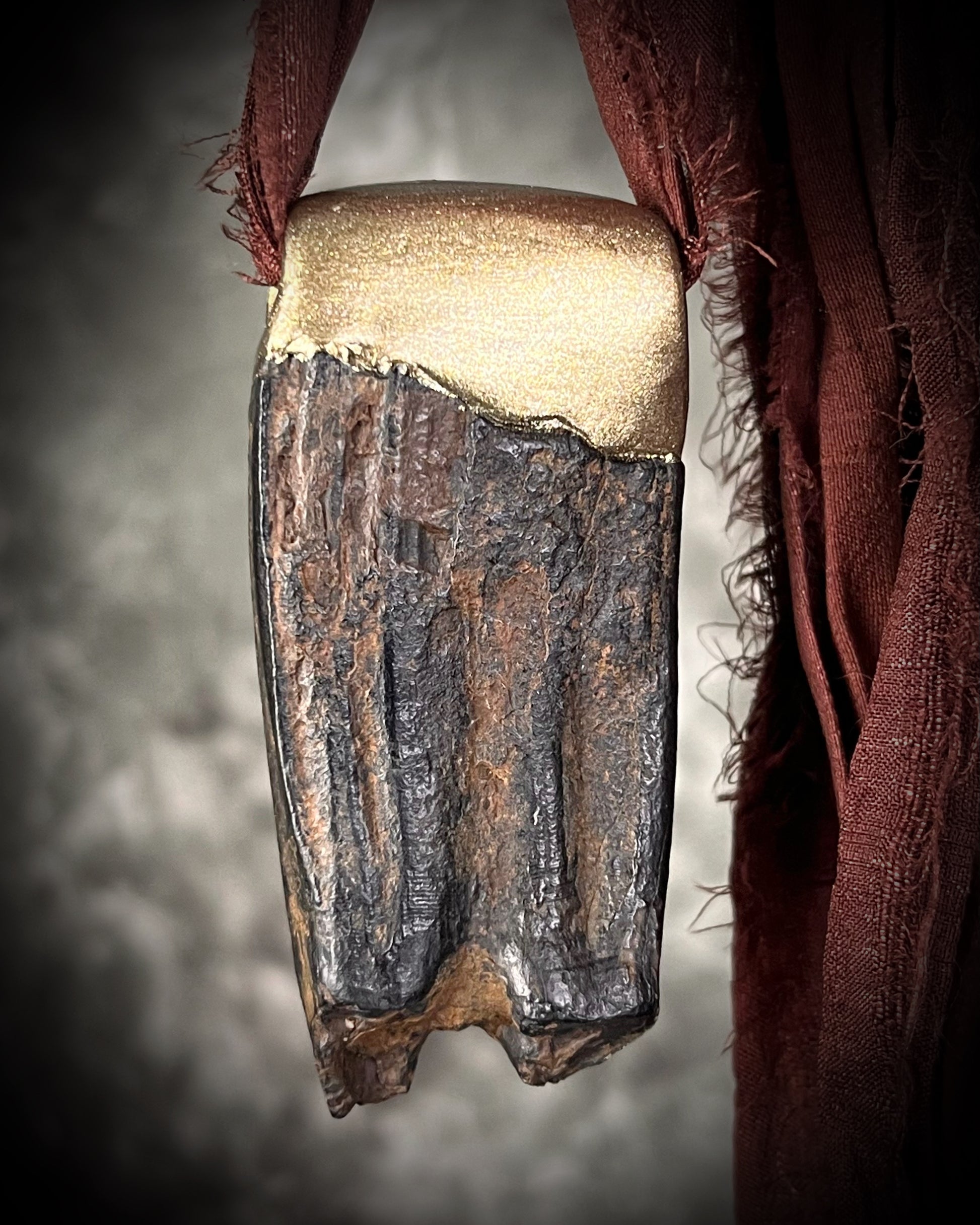 Western Style 'Year of the Horse 2026' inspired horse tooth fossil necklace with glowing green fluorite crystal and fiery opal gemstone. Gold finish horse necklace with brown recycled silk for an earthy and grounded talisman for her.